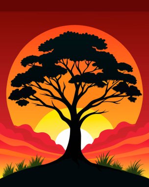 Gün batımlı Afrika Ağacı, vektör illüstrasyonu.