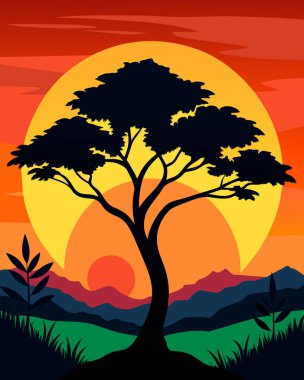 Günbatımında Afrika manzara ağacı silueti
