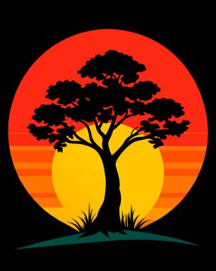 Gün batımı arkaplanında vektör ağaç silueti