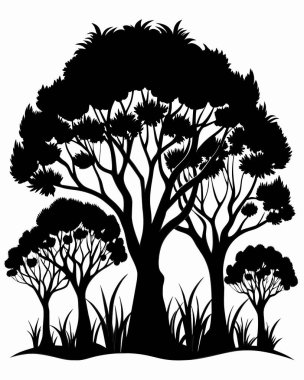 Siyah ve beyaz siluetleri olan ağacın vektör çizimi