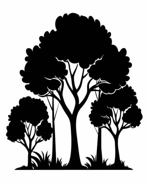 Beyaz arkaplanda yaprakları olan ağaç silueti, vektör illüstrasyonu
