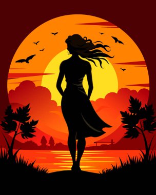 Günbatımının arka planında bir kız