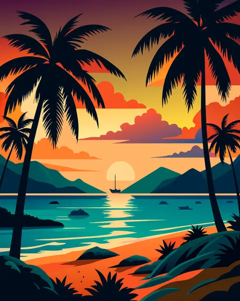 Denizde gün batımının vektör çizimi