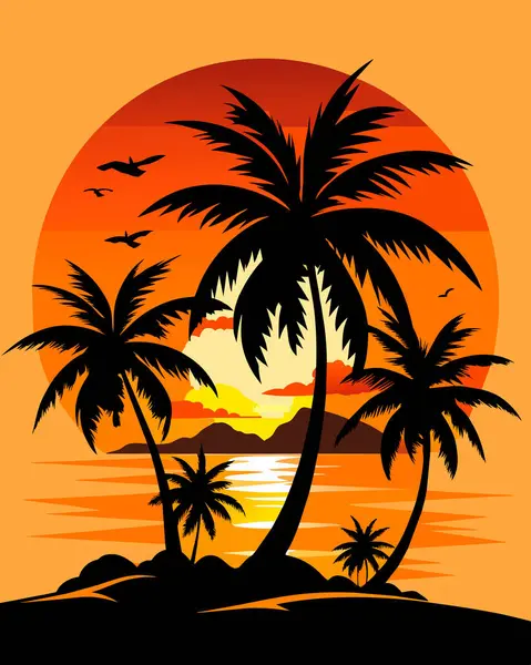 Adada gün batımı Palmiye ağaçları ve güneşle