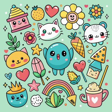 El çizimi sevimli kawaii çizgi film karalamaları kusursuz desenler