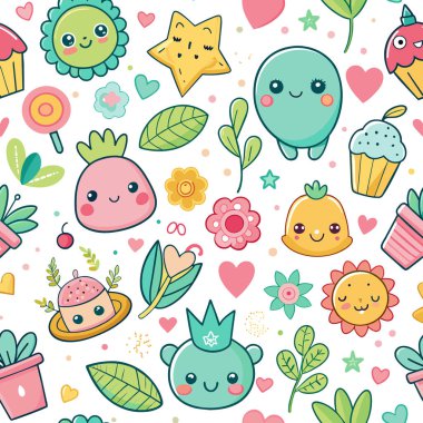 Sevimli çizgi film kusursuz desen. Hoş renkli bir geçmişi var. vektör illüstrasyonu.