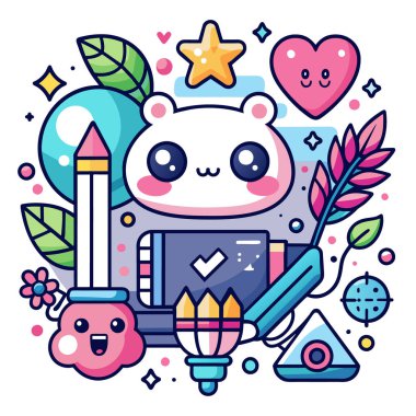 Şirin kawaii karikatür panda çiçekler ve kalp vektör illüstrasyonu