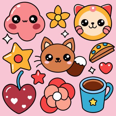 Kawaii sevimli çizgi film kawaii setinin vektör çizimi. Çıkartma koleksiyonu. komik çizgi film karakteri.
