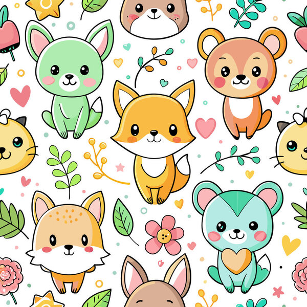 набор милых животных кавайи векторной иллюстрации дизайн