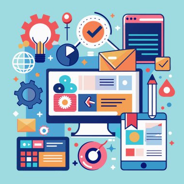 İş ve teknoloji için vektör düz çizgi tasarım elementleri. Web geliştirme konsepti. Web tasarım ögesi.