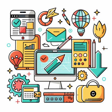 Düz çizgi tasarımı modern vektör illüstrasyon konsepti online eğitim, e-öğrenme. Web tasarım ögeleri karalamaları