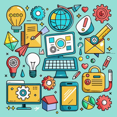 Düz çizgi tasarımı modern vektör illüstrasyon konsepti online eğitim, e-öğrenme. Web tasarım ögeleri karalamaları