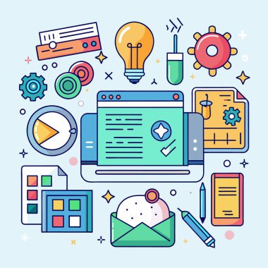 Düz çizgi tasarımı modern vektör illüstrasyon konsepti online eğitim, e-öğrenme. Web tasarım ögeleri karalamaları