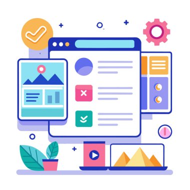 Düz çizgi tasarımı modern vektör illüstrasyon konsepti online eğitim, e-öğrenme. Web tasarım ögeleri karalamaları