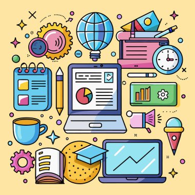 Düz çizgi tasarımı modern vektör illüstrasyon konsepti online eğitim, e-öğrenme. Web tasarım ögeleri karalamaları
