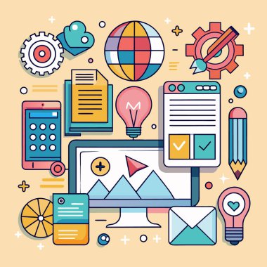 Düz çizgi tasarımı modern vektör illüstrasyon konsepti online eğitim, e-öğrenme. Web tasarım ögeleri karalamaları