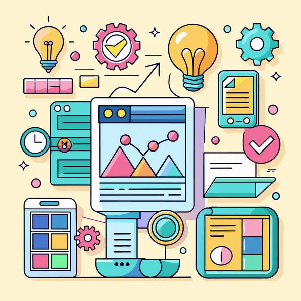 İş ve teknoloji için vektör düz çizgi tasarım elementleri. Web geliştirme konsepti. Web tasarım ögesi.