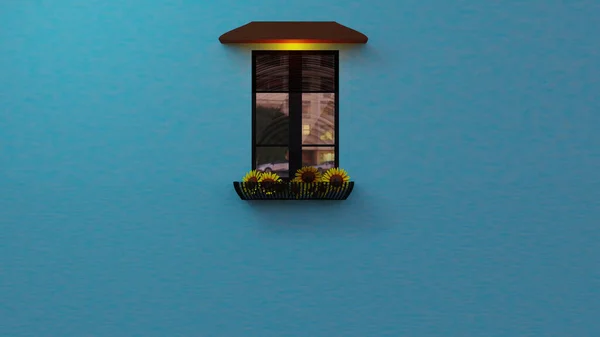 Όμορφο Παράθυρο Σπιτιού Καλάθι Ηλίανθου Στον Μπλε Τοίχο Αποτύπωση — Φωτογραφία Αρχείου