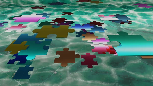 Colorful chrome jigsaws are falling to emerald sea surface (3D Rendering)