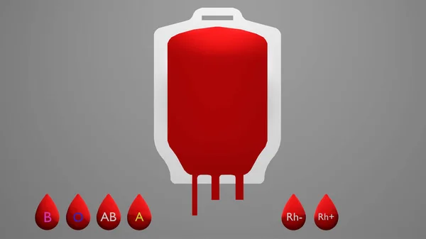 赤い献血バッグとその血液グループのシンボル 3Dレンダリング — ストック写真