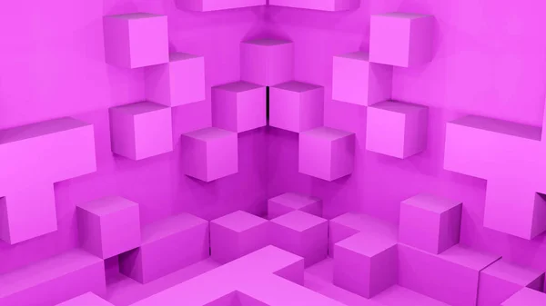 ピンクの壁からランダム化されたピンクボックスが押し出しられています 3Dレンダリング — ストック写真