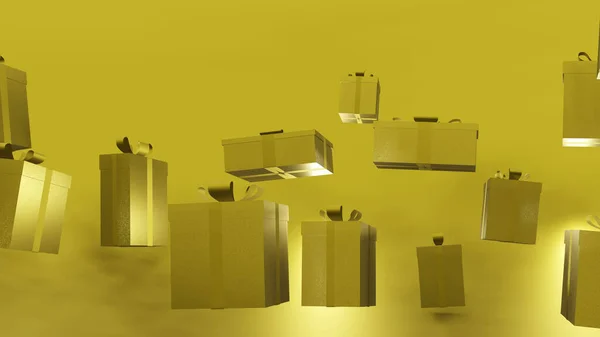 金のギフトボックスの落下は金の背景で落ちています 3Dレンダリング — ストック写真