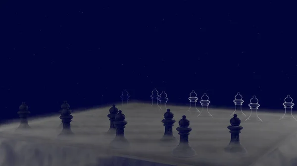Гра Покриттям Туману Шаховій Дошці Глибокому Синьому Просторі Рендерингу — стокове фото