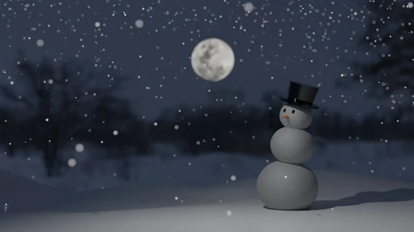 Snowman face with falling snow and full moon in background (3D Rendering)