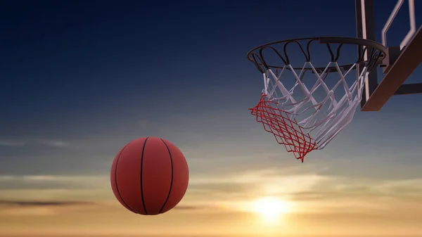 Mrazivý Oranžový Basketbalový Glóbus Bodování Západem Slunce Pozadí Vykreslování — Stock fotografie