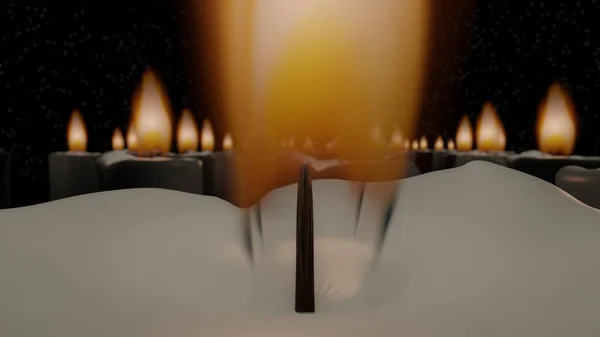 Candle Wick Its Flame Close Range Mixed Blur Candle Group — Stock Photo, Image