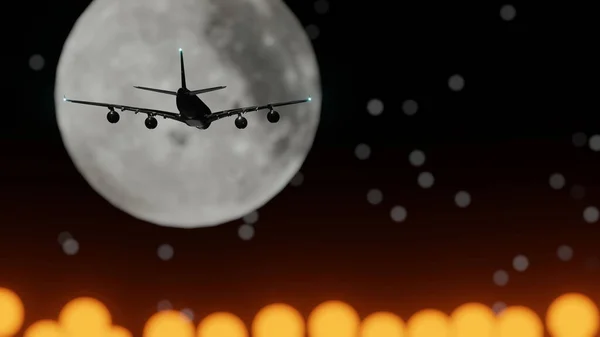 Egy Sziluett Repülőgép Száll Repülőtérre Narancssárga Homályos Repülőtéri Fények Egy — Stock Fotó