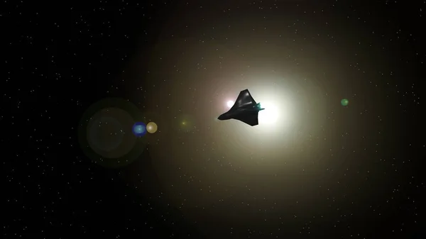 宇宙船のシルエットが背景に星のフィールドで双子の太陽を通過しています 3Dレンダリング — ストック写真