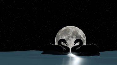 Gece gökyüzünde dolunay olan bir gölde bir kuğu kuponu yüzüyor.)