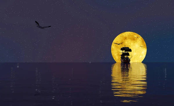 Bir korsan yelkenli silueti, arka planda dolunay olan bir gecede yelken açıyor.)