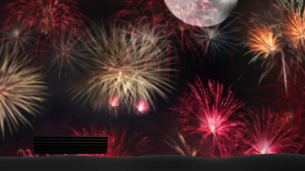 Eine Bank Silhouette Auf Einem Parkhügel Mit Buntem Feuerwerk Einer — Stockfoto