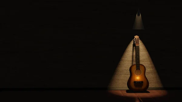 Cone Luz Amarela Visto Uma Guitarra Acústica Inclinada Uma Sala — Fotografia de Stock