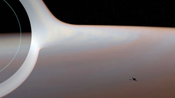 宇宙船はカラフルなブラックホールの降着円盤の上を飛んでいます 3Dレンダリング — ストック写真