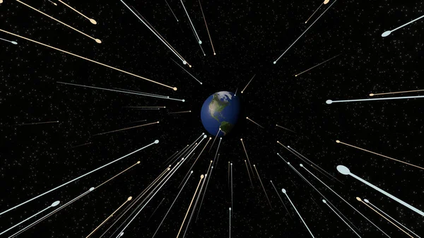 Mavi ve sarı meteorlar dünyaya çarpıyor (3D yorumlama)
