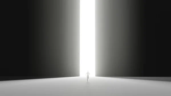 Дівчина Силует Біжить Великого Яскравого Світлового Дверного Отвору Рендеринга — стокове фото