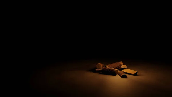 Ein Holzstapel Auf Sandboden Mit Sternenfeld Hintergrund Rendering — Stockfoto