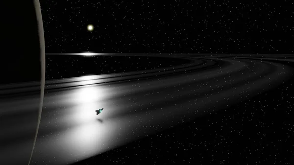 宇宙船が土星リングの上を太陽と星のフィールドを背景に飛んでいます 3Dレンダリング — ストック写真
