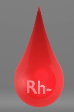 Kırmızı şeffaf kan damlacığındaki Rh- metin karakteri (3B oluşturma)