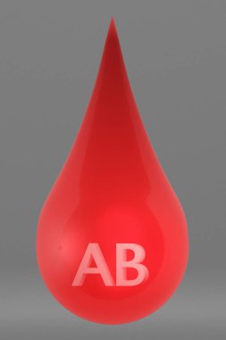 Kırmızı şeffaf kan damlası yüzeyi üzerinde AB metni (3B oluşturma)