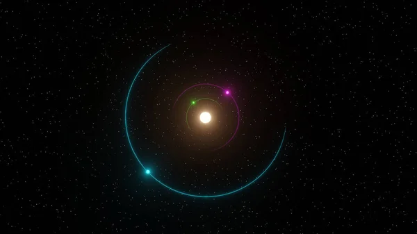 Kolorowa Orbita Systemu Gwiezdnego Polem Gwiazdy Tle Rendering — Zdjęcie stockowe