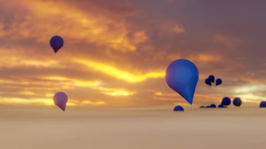 Gün batımında bir akşamda alacakaranlık gökyüzü ile kabarık bulutların üzerine yayılmış mavi balonlar (3D görüntüleme)