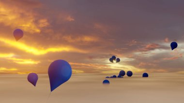 Gün batımında bir akşamda alacakaranlık gökyüzü ile kabarık bulutların üzerine yayılmış mavi balonlar (3D görüntüleme)