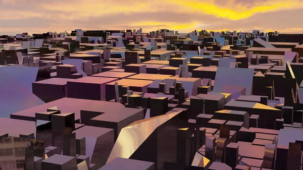 日没時のカラフルな都市ガラスの建物ブロックの空中ビュー 3Dレンダリング — ストック写真