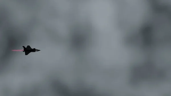 Czerwony Dopalacz Latającego Myśliwca Przez Chmurę Nieba Rendering — Zdjęcie stockowe