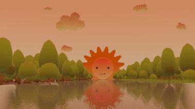 Gün batımı arkaplanı çizgi film kipinde olan nehir ve ağaç (3B Hazırlama)