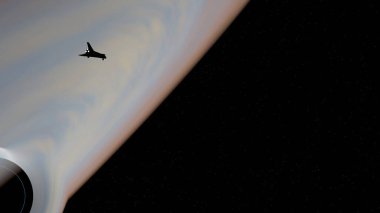 Bir uzay gemisi renkli bir kara delik oluşturma diskinin yanında uçuyor (3D oluşturma))